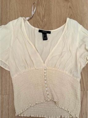 Forever 21 Cream Smocked Button-Front Crop Top